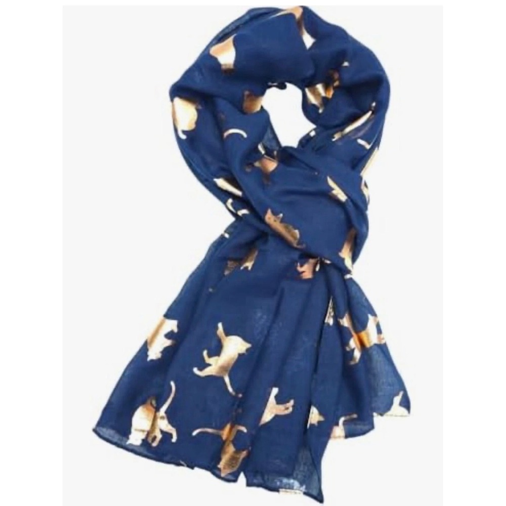 Navy Blue Scarf Gold Foil Cat Print Lightweight Whimsical Fashion Wrap Accessory